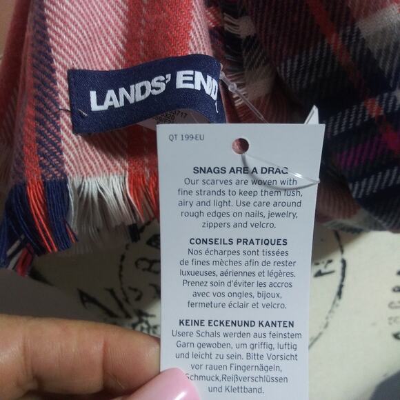 Lands' End Women's Coral Pink Plaid Scarf Soft Fringe - Picture 4 of 8